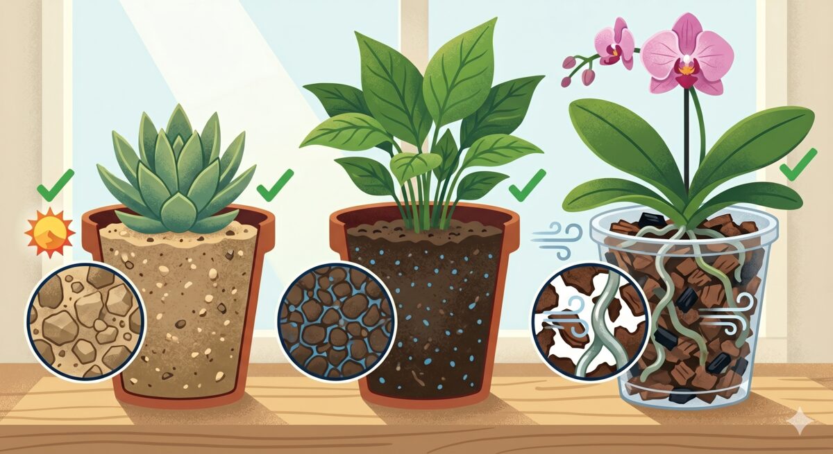 イラスト：植物の多様性と水やりの必要性