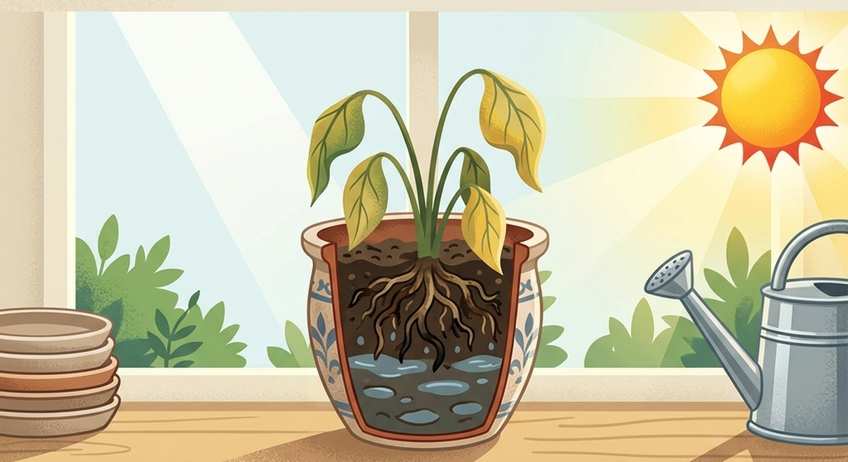 イラスト：排水穴のない鉢が根を溺らせる理由